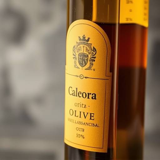 A bottle of Calabrian olive oil with a golden hue