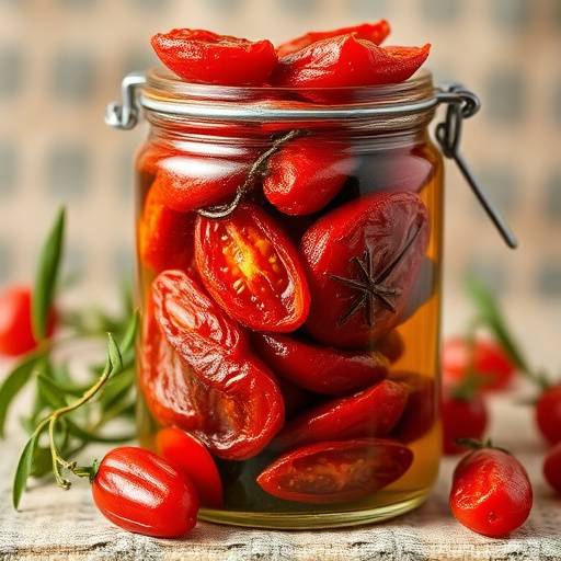 A jar of sun-dried tomatoes in olive oil, showcasing their rich red color