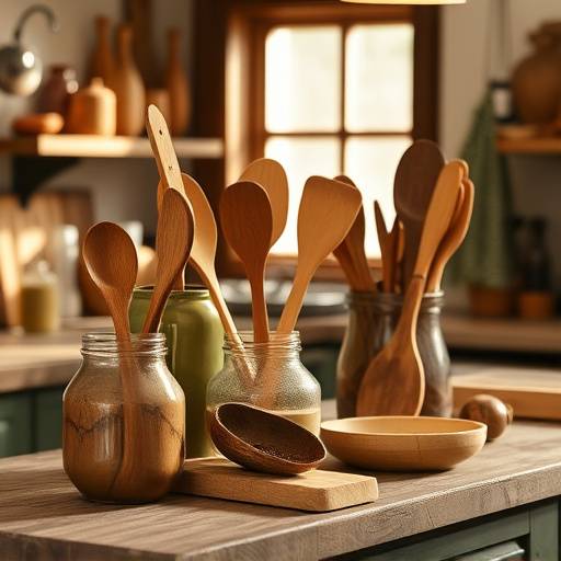 Set of olive wood kitchen utensils
